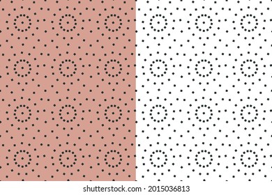 Geomentric seamless pattern, circular ornament, black square decorative shapes. White, pink easy editable background. Vector