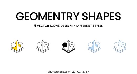 Geomentry Shapes Icon Design in Five style with Editable Stroke. Line, Solid, Flat Line, Duo Tone Color, and Color Gradient Line. Suitable for Web Page, Mobile App, UI, UX and GUI design.
