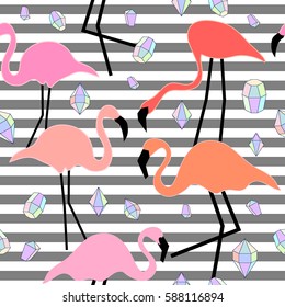 Geomeric pattern with flamingo and diamonds. Beach textile collection. On stripped grey background.