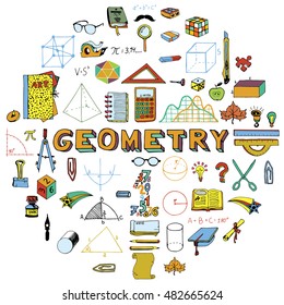 Geomerty Science Doodle Hand Drawn Elements. Science and School Education theme.