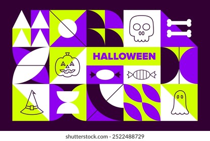 Anuncio de Halloween de línea geométrica. Ilustración vectorial de contorno y estilo plano. Truco o trato. Fiesta de miedo.