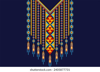 Geometri ethnic oriental neckline embroidery. traditional pattern on navy blue background.Aztec style,abstract,vector,illustration.design for fashion women wearing,texture,fabric,print