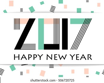 Geometric 2017 Happy New Year greeting vector card on white background with rectangle. Typography text sign Happy New Year and lettering 2017 number. Memphis hipster geometric design celebration card