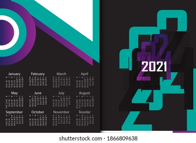 Geometric 2021 text calendar design, colorful and modern background