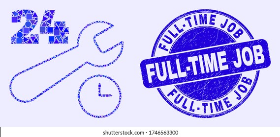 Geometric 24-7 repair service mosaic pictogram and Full-Time Job seal stamp. Blue vector rounded grunge seal stamp with Full-Time Job phrase. Abstract collage of 24-7 repair service made of sphere,