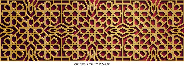 Geometric 3d arabic islamic gold, red pattern, Pattern Asia of Turkish, Indonesia, Persian, Malaysia, Arabic and Ottoman decorative background. Arabic ornaments. Patterns backgrounds and wallpaper.