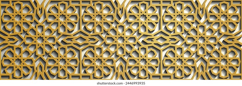 Geometrisches 3D-arabisches islamisches Goldmuster, Muster Asien des türkischen, indonesischen, persischen, malaysischen, arabischen und osmanischen dekorativen Hintergrundes. Arabische Ornamente. Muster Hintergründe und Bildschirmhintergründe.