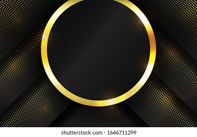 Geometric 3d background with glossy gold element. Vector geometric illustration of golden shapes textured with golden glittering dots. Elegant wallpaper template