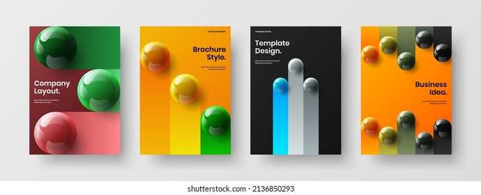 Juego de diseño de folletos geométricos de bolas 3D. Composición de la ilustración de diseño vectorial de la portada del diario colorida A4.