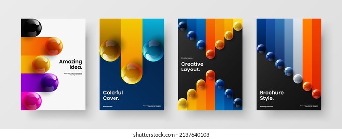 Geometric 3D balls handbill concept bundle. Abstract pamphlet A4 design vector template set.