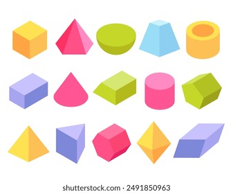 Geometric 3d basic shapes vector illustration set, colorful geometric shapes, math education concept
