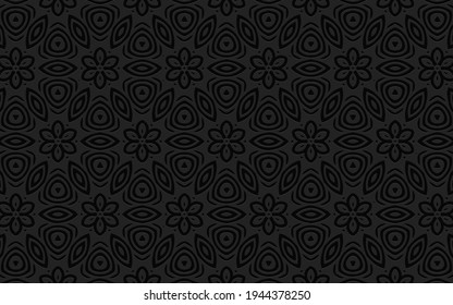 Geometric 3D convex volumetric abstraction. Ethnic graceful black background of flowers and polygons. Embossed texture.