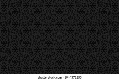 Geometric 3D convex volumetric abstraction. Black background of simple patterns, flowers, curls and lines for presentations, wallpapers, websites. Ethnic embossed texture.