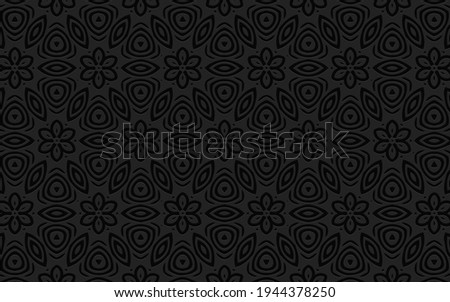Geometric 3D convex volumetric abstraction. Ethnic graceful black background of flowers and polygons. Embossed texture.