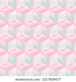 Geometric 3d cubes pattern vector. Fancy, semitransparent toy cubes with pink and blue colors. 3d toy cubes. Seamless geometric background print of cubes.
