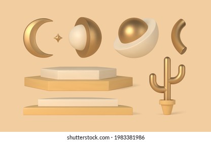 Geometric 3d decor elements vector templates set. Polygonal and rectangular double podiums with potted golden boho cactus. Creative semicircular metal jewelry with round core and crescent moon.