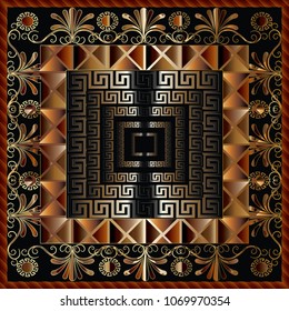 Geometric 3d greek panel pattern. Vector ornate abstract background. Floral vintage frame. Flowers, swirls, triangles, rhombus, squares. Greek key ornaments. Meanders square frames. Surface texture