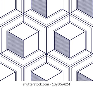 
Geometric 3d lines abstract seamless pattern, vector background. Technology style engineering line drawing endless illustration. Single color, black and white. Usable for fabric, wallpaper, wrapping