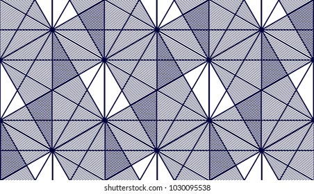 Geometric 3d lines abstract seamless pattern, vector background. Technology style engineering line drawing endless illustration. Single color, black and white. 
