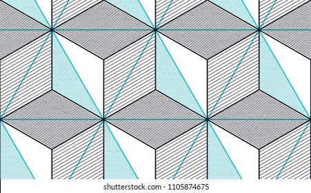 Geometric 3d lines abstract seamless pattern, vector background. Technology style engineering line drawing endless illustration. Usable for fabric, wallpaper, wrapping, web and print.