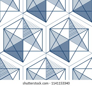 Geometric 3d lines abstract seamless pattern, vector background. Technology style engineering line drawing endless illustration. Single color, black and white.