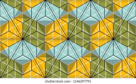 Geometric 3d lines abstract seamless pattern, vector background. Technology style engineering line drawing endless illustration. Usable for fabric, wallpaper, wrapping, web and print.