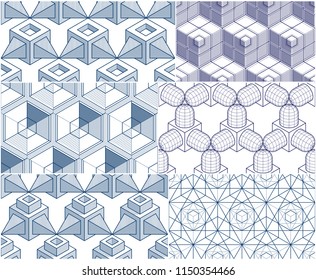 Geometric 3d lines abstract seamless patterns set, vector backgrounds cubes collection. Technology style engineering line drawing endless illustration. Usable for fabric, wallpaper, wrapping