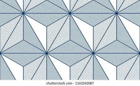 Geometric 3d lines abstract seamless pattern, vector background. Technology style engineering line drawing endless illustration. Single color, black and white.