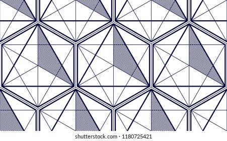 Geometric 3d lines abstract seamless pattern, vector background. Technology style engineering line drawing endless illustration. Usable for fabric, wallpaper, wrapping, web and print.