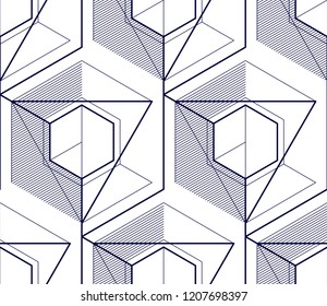 Geometric 3d lines abstract seamless pattern, vector background. Technology style engineering line drawing endless illustration. Single color, black and white.