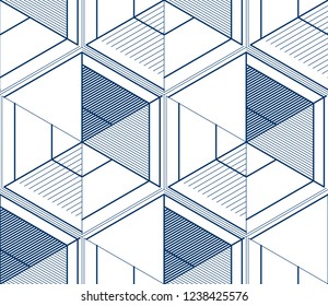 Geometric 3d lines abstract seamless pattern, vector background. Technology style engineering line drawing endless illustration. Single color, black and white.
