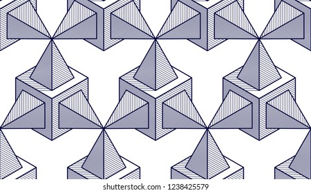 Geometric 3d lines abstract seamless pattern, vector background. Technology style engineering line drawing endless illustration. Single color, black and white.