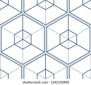 Geometric 3d lines abstract seamless pattern, vector background. Technology style engineering line drawing endless illustration. Single color, black and white.
