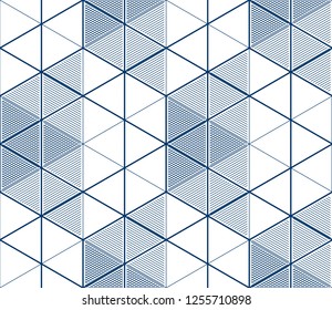 Geometric 3d lines abstract seamless pattern, vector background. Technology style engineering line drawing endless illustration. Single color, black and white.