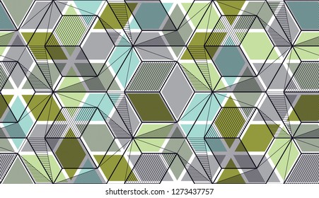 Geometric 3d lines abstract seamless pattern, vector background. Technology style engineering line drawing endless illustration. Usable for fabric, wallpaper, wrapping, web and print.