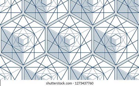 Geometric 3d lines abstract seamless pattern, vector background. Technology style engineering line drawing endless illustration. Single color, black and white.