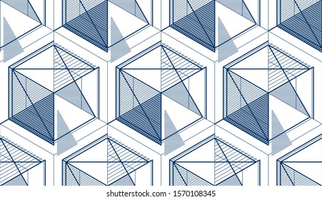 Geometric 3d lines abstract seamless pattern, vector background. Technology style engineering line drawing endless illustration. Single color, black and white.