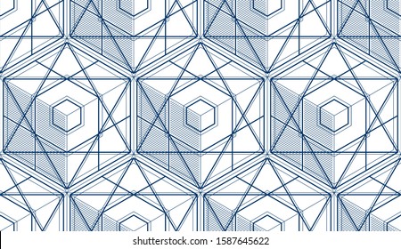 Geometric 3d lines abstract seamless pattern, vector background. Technology style engineering line drawing endless illustration. Single color, black and white. 