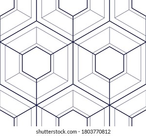 Geometric 3d lines abstract seamless pattern, vector background. Technology style engineering line drawing endless illustration. Single color, black and white.