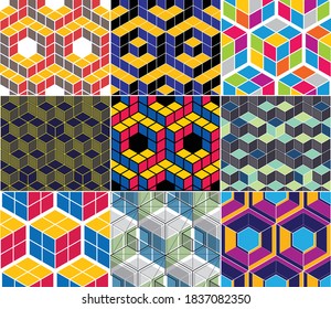 Geometric 3d lines abstract seamless patterns set, vector backgrounds cubes collection. Technology style engineering line drawing endless colorful illustration. Usable for fabric, wallpaper, wrapping.