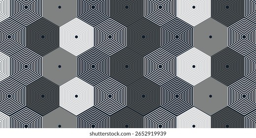 Geometrische 3D-Linien abstraktes nahtloses Muster, Vektorhintergrund. Technologie Stil Engineering Hexagon Linie Zeichnung endlose Illustration. Einfarbig, schwarz und weiß.