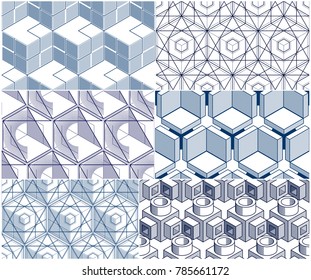 Geometric 3d lines abstract seamless patterns set, vector backgrounds cubes collection. Technology style engineering line drawing endless illustration. Usable for fabric, wallpaper, wrapping.