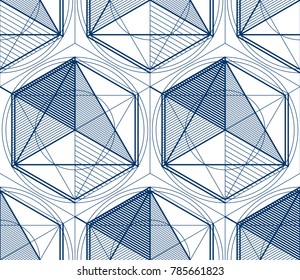 Geometric 3d lines abstract seamless pattern, vector background. Technology style engineering line drawing endless illustration. Single color, blac 