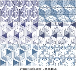 Geometric 3d lines abstract seamless patterns set, vector backgrounds cubes collection. Technology style engineering line drawing endless illustration. Usable for fabric, wallpaper, wrapping.