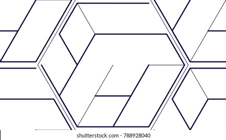 Abstraktes, nahtloses Muster, Vektorhintergrund, 3D-Linien. Technisches Ingenieurstil-Linie zeichnen endlose Illustration. Einfarbig, schwarz-weiß. 