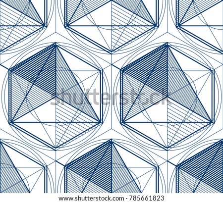 Geometric 3d lines abstract seamless pattern, vector background. Technology style engineering line drawing endless illustration. Single color, blac 