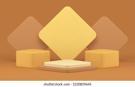 Geometric 3d podium rhombus scene construction platform beige yellow studio background design realistic vector illustration. Pedestal foundation construction showcase stand for product presentation