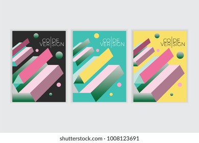 Geometric 3d poster design template set. Colorful memphis art trendy 90s style cover.