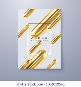 Geometric 3d primitives trendy cover design. Vector realistic illustration of golden flowing capsule shapes with frame for text on white background. Modern poster or brochure template