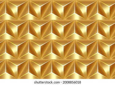 Geometric 3D Seamless Pattern Basic Shapes. Golden Background with luxury gold metal polygonal texture and shiny triangle lines. Abstract Premium triangles design low poly surface, vector illustration